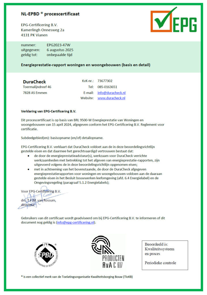 Procescertificaat DuraCheck BRL 9500-W met nummer EPG2023-47W