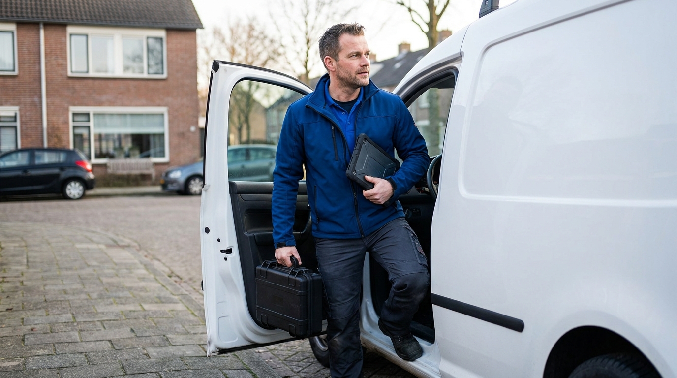 Energieadviseur stapt met meetkoffer en tablet uit zijn bus voor een woningopname