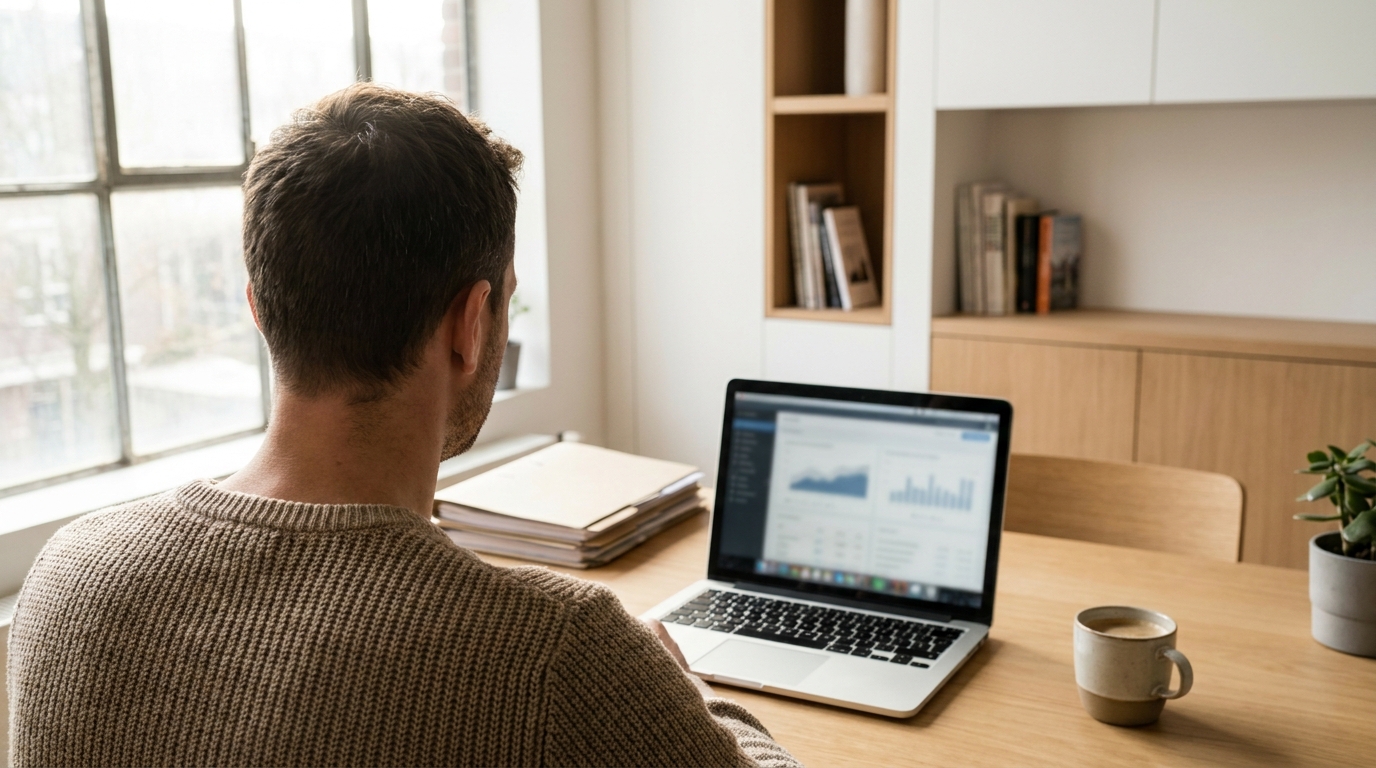 Energieadviseur meldt een energielabel af in EP-Online achter de laptop
