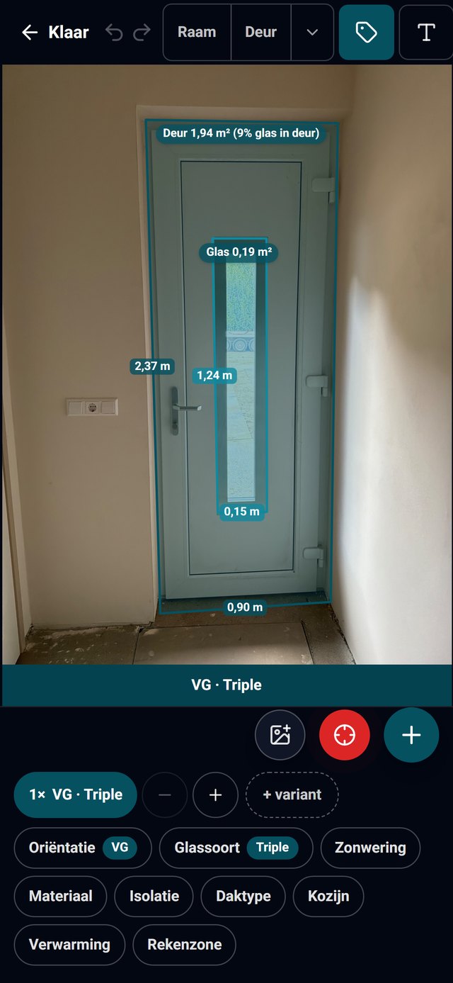 DuraGo opname-app: een deur als element met maten, glasoppervlak, glaspercentage en oriëntatie VG triple