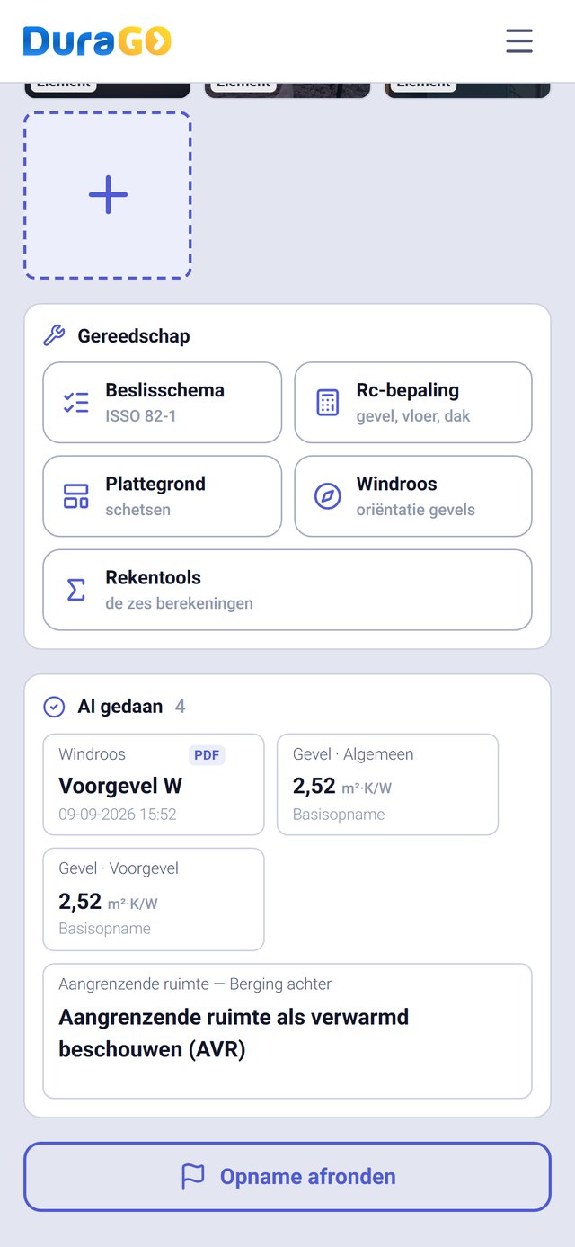 DuraGo opname-app: gereedschap met beslisschema, Rc-bepaling, plattegrond, windroos en rekentools, en de kaartjes onder Al gedaan