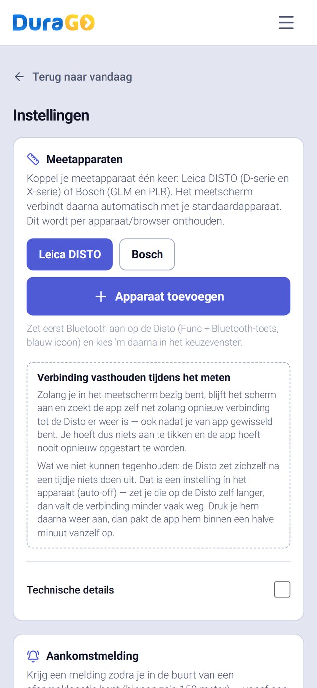 DuraGo opname-app: meetapparaten koppelen, Leica DISTO of Bosch