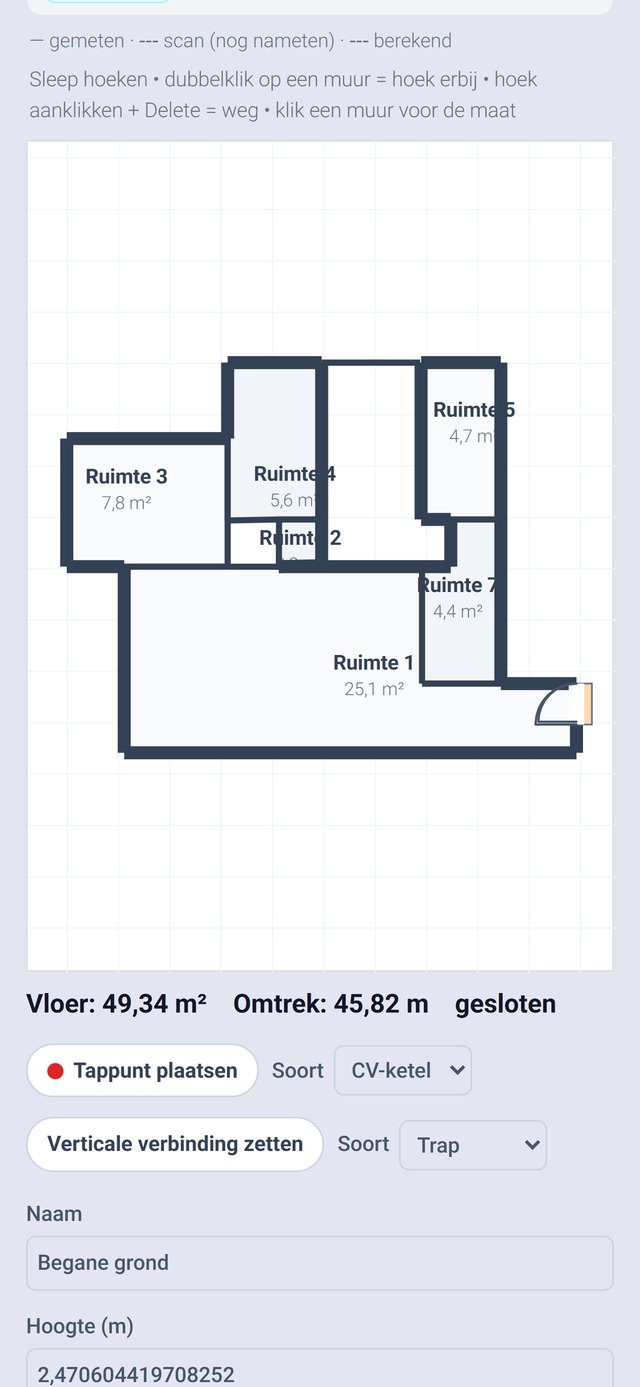 DuraGo opname-app: 2D-plattegrond van een gescande verdieping met ruimtes en vloeroppervlakken