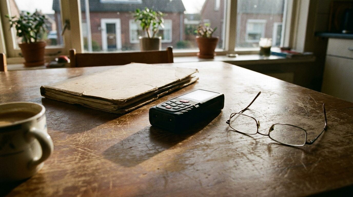 Dossiermap, laserafstandsmeter en leesbril op tafel bij een opname — vakbekwaamheid is de eerste voorwaarde om aan te sluiten