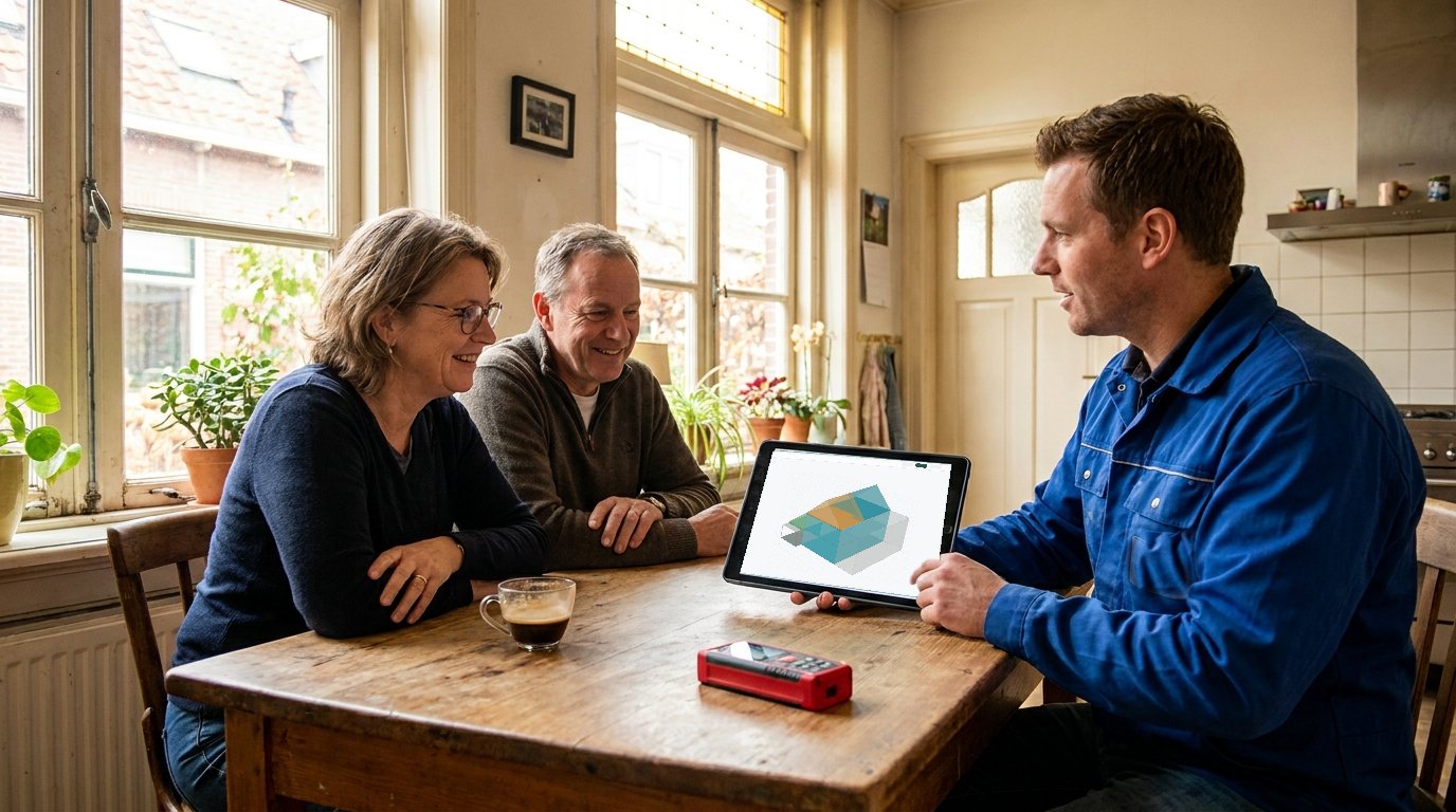 Energieadviseur laat bewoners aan de keukentafel het 3D-model van hun woning zien op een tablet, met een laserafstandsmeter op tafel