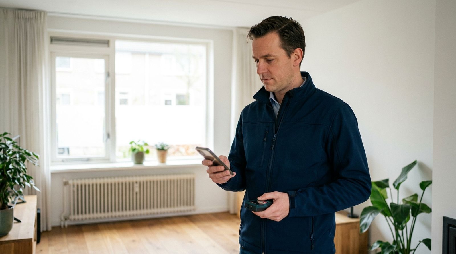 Energieadviseur neemt een woning op met de DuraGo opname-app op zijn telefoon en een laserafstandsmeter