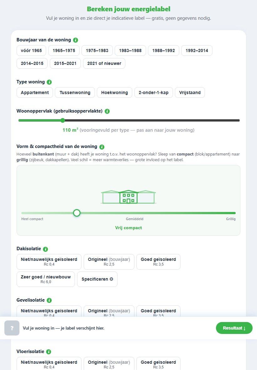 Energielabel-indicator op een energieadviseur-website gebouwd met de DuraCheck websitebuilder